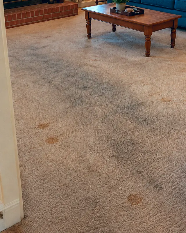 Example, before: traffic lanes in living room carpet