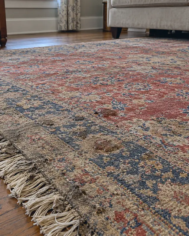 Example, before: a wool area rug cleaned where it lies