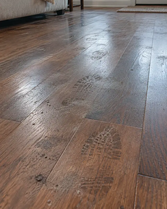Example, before: tracked-in dirt on engineered wood