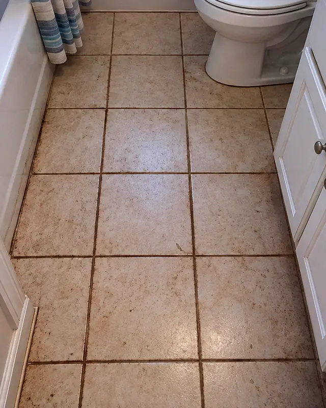 Example, before: dark grout lines in a bathroom