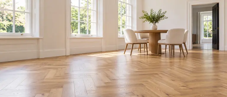 A dining room with a clean herringbone wood floor