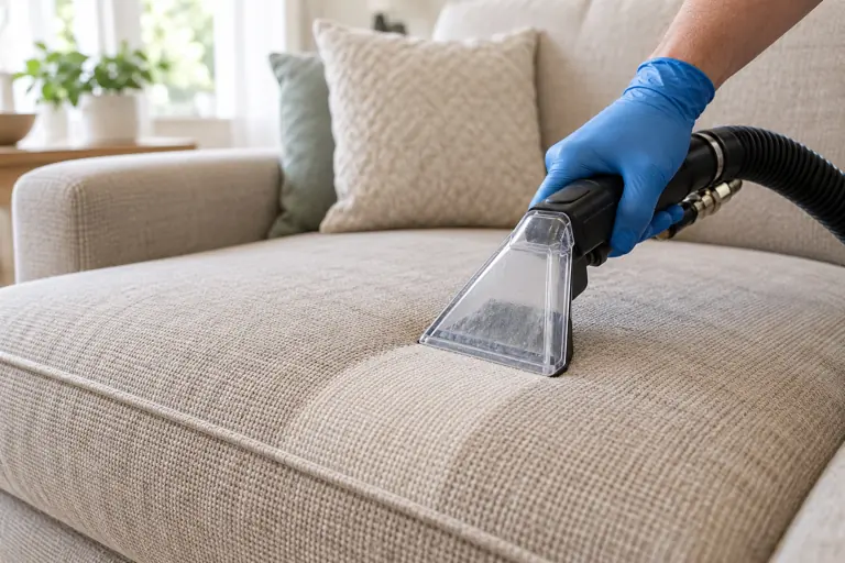 An extraction tool cleaning a light linen sofa cushion