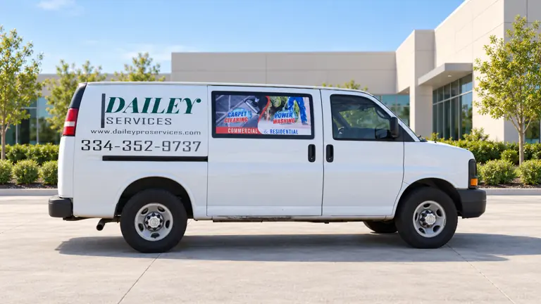 A Dailey Services van parked outside a modern office building
